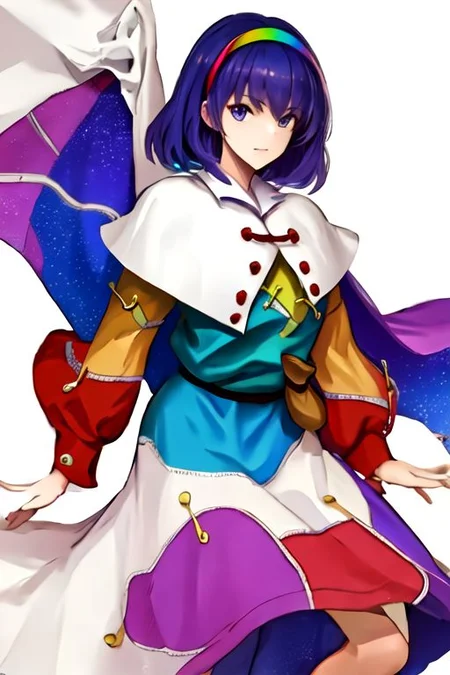solo_focus, 1girl, ((white background, simple background)):2, (((masterpiece))), ((best quality)), ((ultra-detailed)), high resolution, absurdres, highres, ultra-detailed 8k unity wallpaper, 
Tenkyuu Chimata, multicolored hairband, multicolored dress, zipper lines (clothes), cape, cloud print, brown bag belt, pink boots,