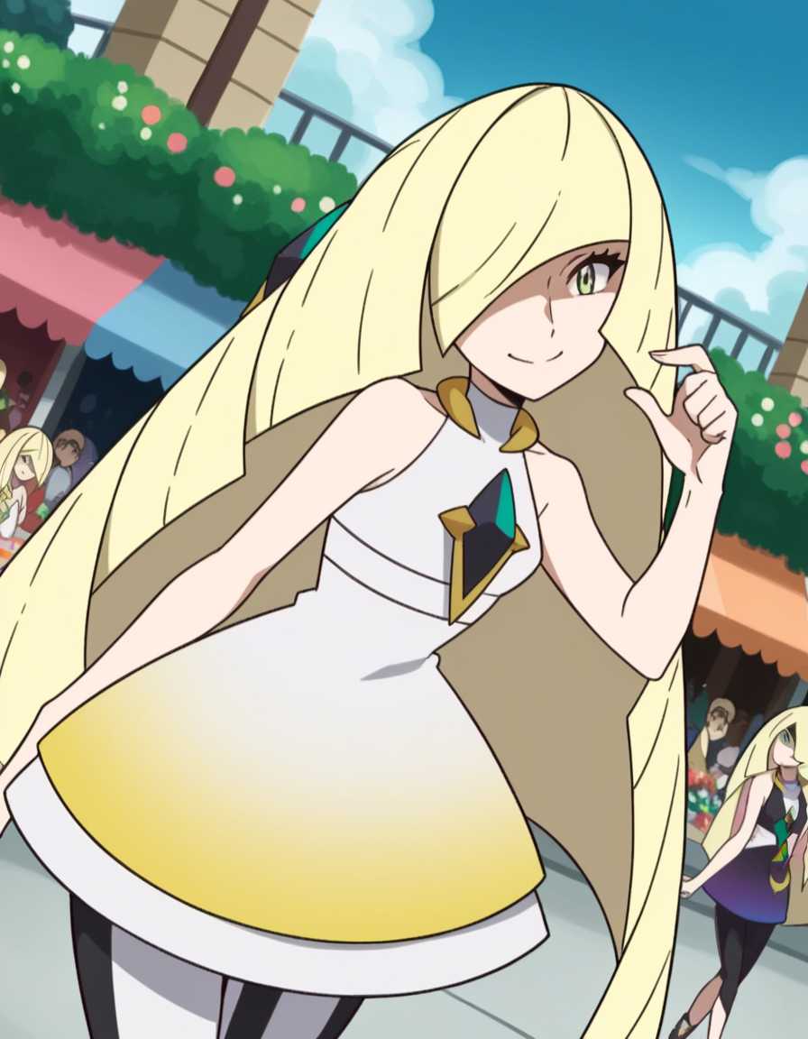 score_9, score_8_up, score_7_up, source_anime, <lora:pokemon-lusamine-anime-ponyxl-lora-nochekaiser:1>, pokemonlusamine, blonde hair, green eyes, hair over one eye, long hair, multicolored hair, streaked hair, very long hair,, bare arms, diamond (shape), dress, gem, green gemstone, leggings, short dress, sleeveless, sleeveless dress, white dress, white leggings,, street market, vendor, street food, bustling crowd, local flavor, vibrant, smile, looking at viewer, solo,, cowboy shot, dutch angle