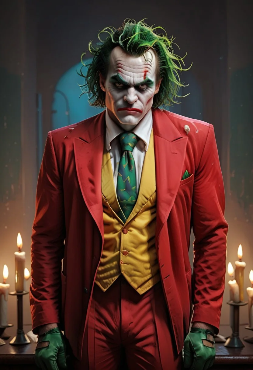 score_9, score_8_up, score_7_up, score_6_up, room with many candles, candlelight,
hand, 1boy, The Joker, standing, looking to viewer, pout, green messy hair, pout, red formal suit, red jacket, red pants, green necktie, green gloves, yellow vest, showing leather whip to viewer