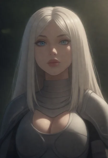 score_9, score_8_up, score_7_up,, flmgr, flmgr, film grain, cinematic, 1girl, terra_markov, 18 years old, beautiful, white hair, long hair, bangs, fair skin, big breasts, cleavage, round breast, ((thick lips)), leather armor, sword, forest, dappled sunlight, upper body, looking at viewer