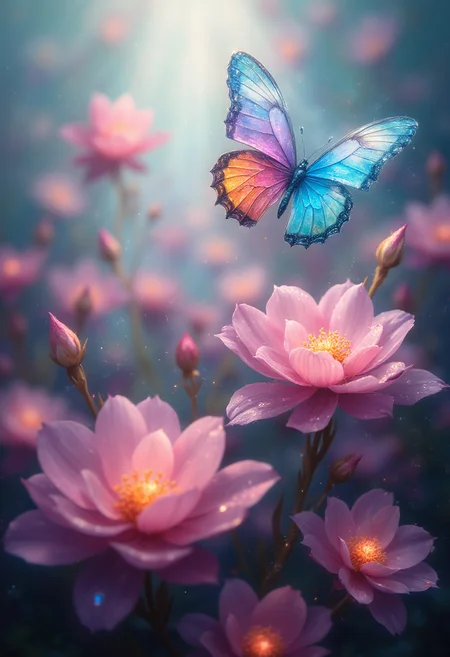 A butterfly floating over Flowers in the mist, morning dew on the petals, water particles glowing in the air, epic, 8k, vibrant glow