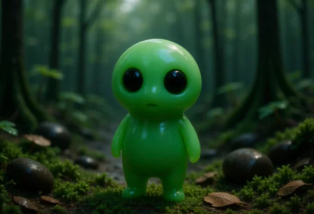 A stunning, ultra high-resolution (8K) macro photograph of a small Kodama forest spirit inspired by Studio Ghibli, standing on a damp forest floor. This Kodama has the classic round body shape, but its skin is made of translucent green slimeâglossy, wobbly, and semi-liquid, with soft highlights and reflections on its surface. Its large, dark eyes float gently inside the gooey form, giving it a curious and gentle expression. Small droplets slide down its sides, and a few sticky tendrils stretch from its feet to the mossy ground. Around it, wet moss, pebbles, and fallen leaves glisten with moisture. The background is softly blurred, with misty forest light filtering through leaves above. The mood is whimsical and slightly eerie, with hyper-detailed textures and a shallow depth of field that captures every droplet and ripple in the Kodamaâs gelatinous body. <lora:Kodama_V1:1>