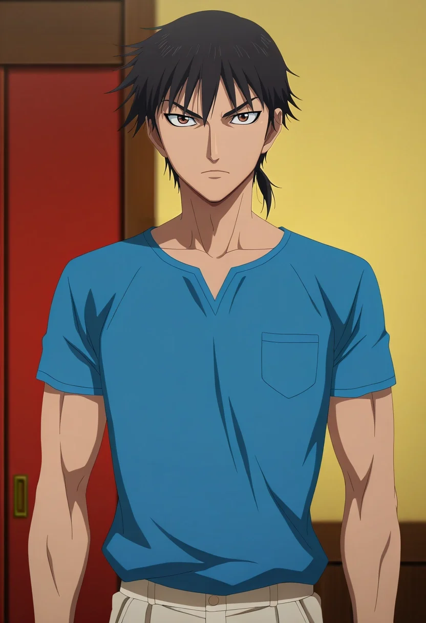 masterpiece, best quality, , anime screencap, anime coloring, official style, looking at viewer, , 1boy, solo, male focus, <lora:xin_kingdom_ilxl:0.96>, xin_kingdom, black hair, brown eyes, short hair, low ponytail, , armor, , Linen-cotton trousers, Pocket T-shirt, , , and
