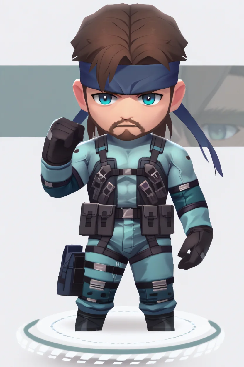 score_9, score_8_up, score_7_up, score_6_up, source_anime, BREAK 1boy, white background <lora:solidsnake-pdxl-nvwls-v1:1> solidsnake, headband, brown hair, beard, facial hair, blue bodysuit, gloves, harness, belt pouch, furrowed brow, mature male, manly <lora:chibi-nikke-richy-v1_pdxl:1> solo, chibi, standing, full body