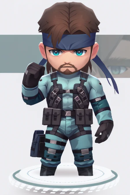 score_9, score_8_up, score_7_up, score_6_up, source_anime, BREAK 1boy, white background <lora:solidsnake-pdxl-nvwls-v1:1> solidsnake, headband, brown hair, beard, facial hair, blue bodysuit, gloves, harness, belt pouch, furrowed brow, mature male, manly <lora:chibi-nikke-richy-v1_pdxl:1> solo, chibi, standing, full body