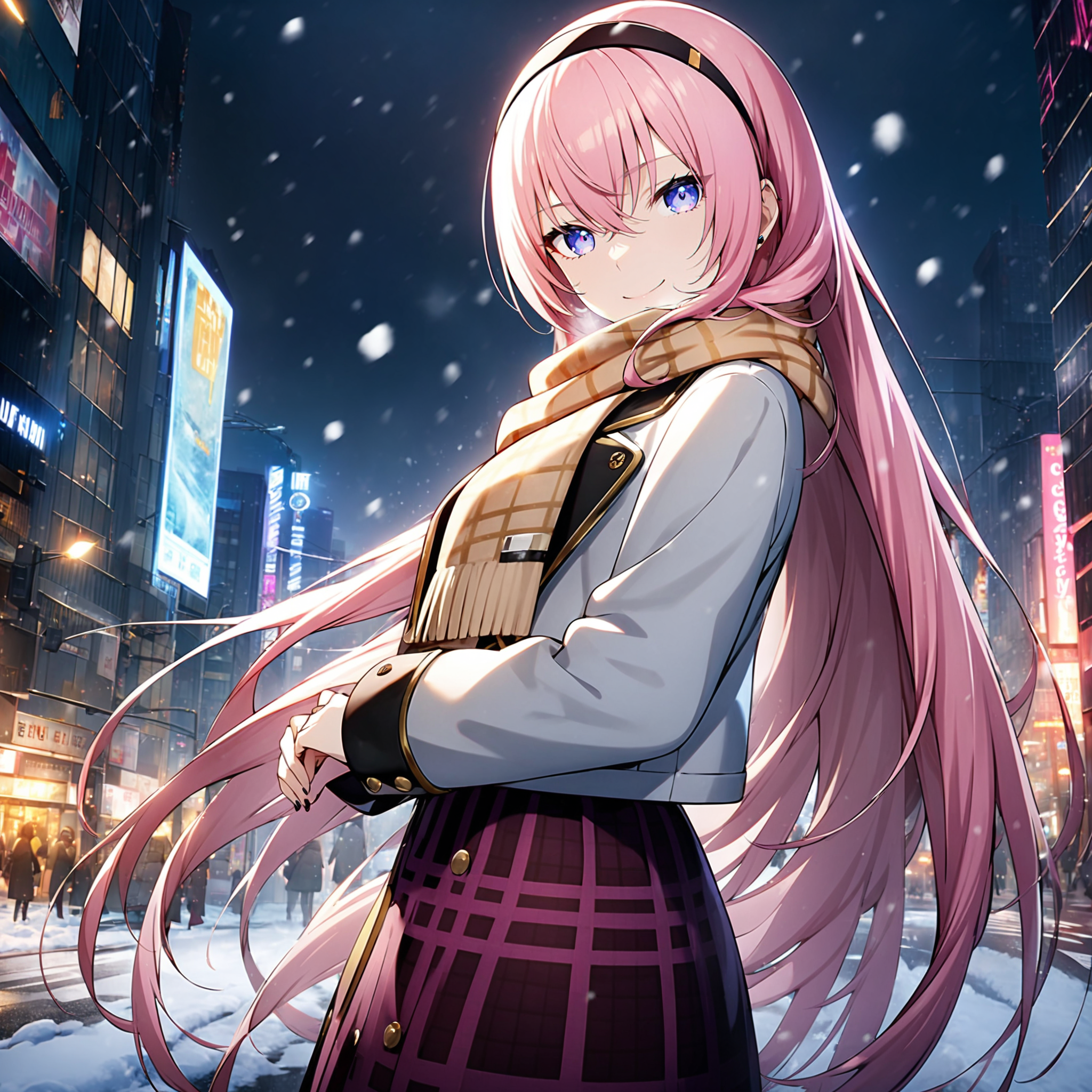1girl, megurine luka, vocaloid, masterpiece, very aesthetic, absurdres, official art,
catinpocket, pink hair, very long hair, blue small eyes, perfect hand,
(looking at viewer:1.4), smiling, closed mouth, standing, cowboy shot, from side, own hands together, heavy breathing, BREAK
scarf, skirt, hairband, plaid, long skirt, coat, jacket, plaid skirt, long sleeves, high-waist skirt, red skirt, yellow scarf, black hairband, plaid scarf, pink skirt, grey coat, brown scarf, grey shirt, purple skirt, buttons, cat stuff in pocket,
(snowing, winter scenery, snow city:1.4), Tokyo, Shibuya, intersection, silent scenery, City of night, illumination,
<lora:sdxl-vbs-CatInPocket01:0.8:lbw=0,0,0.2,0.2,0,0.4,0.4,0,0.8,0.8,0,0,0,0.8,0.8,0.6,0.8,0.0,0.0,0.0,0,0,0,0,0,0>