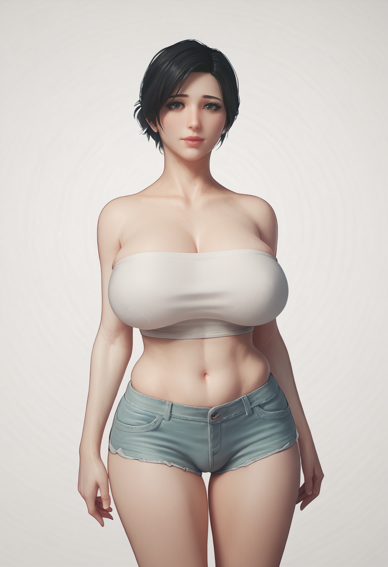 score_9, score_8_up, score_7_up,
 <lora:Jared999D_SKNFW:1> Jared999D_SKNFW, 
1girl, solo,
standing,
looking at viewer,
mature female, black hair, short hair, 
large breasts, 
white crop top, strapless, bare shoulders, 
short shorts, skindentation, 
white background, simple background,