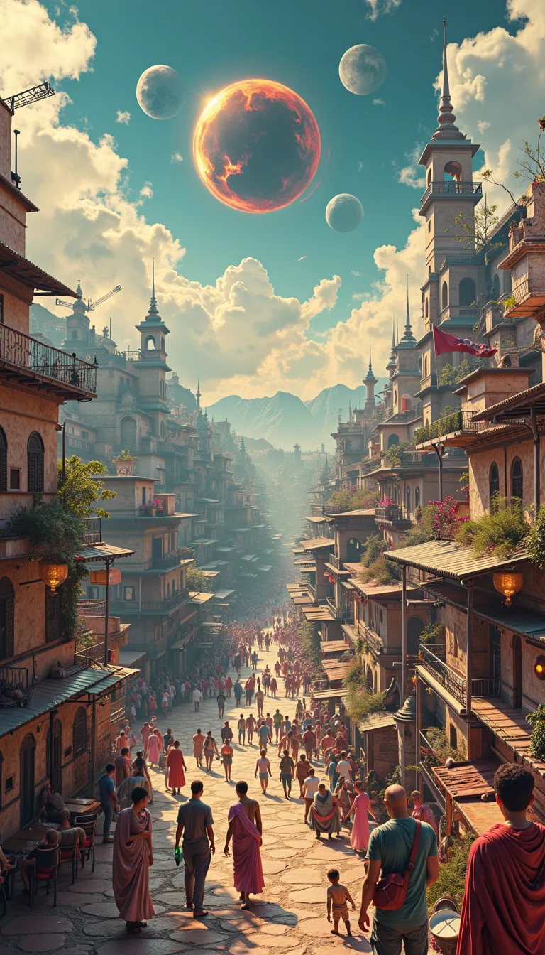 An intricate, panoramic view of a "time refugee camp" where displaced individuals from various eras coexist. Show a sprawling settlement with diverse architectural styles reflecting different historical periods and potential futures. Include scenes of cultural exchange: a Victorian lady learning about smartphones from a teenager, Roman legionnaires playing basketball with 1980s hip-hop artists, and futuristic scientists examining medieval artifacts. Depict the challenges of this temporal melting pot, such as a communal dining area serving historically accurate meals from multiple centuries. The sky should show a surreal blend of time periods: a partial eclipse, multiple moons, and anachronistic air traffic. Use a color palette that subtly shifts across the image, representing the flow of time, with each era retaining its characteristic hues.
