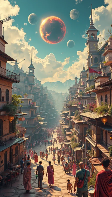 An intricate, panoramic view of a "time refugee camp" where displaced individuals from various eras coexist. Show a sprawling settlement with diverse architectural styles reflecting different historical periods and potential futures. Include scenes of cultural exchange: a Victorian lady learning about smartphones from a teenager, Roman legionnaires playing basketball with 1980s hip-hop artists, and futuristic scientists examining medieval artifacts. Depict the challenges of this temporal melting pot, such as a communal dining area serving historically accurate meals from multiple centuries. The sky should show a surreal blend of time periods: a partial eclipse, multiple moons, and anachronistic air traffic. Use a color palette that subtly shifts across the image, representing the flow of time, with each era retaining its characteristic hues.