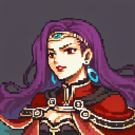 score_9, score_8_up, score_7_up, source_anime, 1girl, <lora:zs_FEGBAPortraitsXL:1> fegbaportraits, portrait, white background, <lora:sonya-pdxl-feg:1> mlsonog, capelet, circlet, cleavage, dangle earrings, long hair, purple hair, red dress, strapless dress, red lips, red eyes