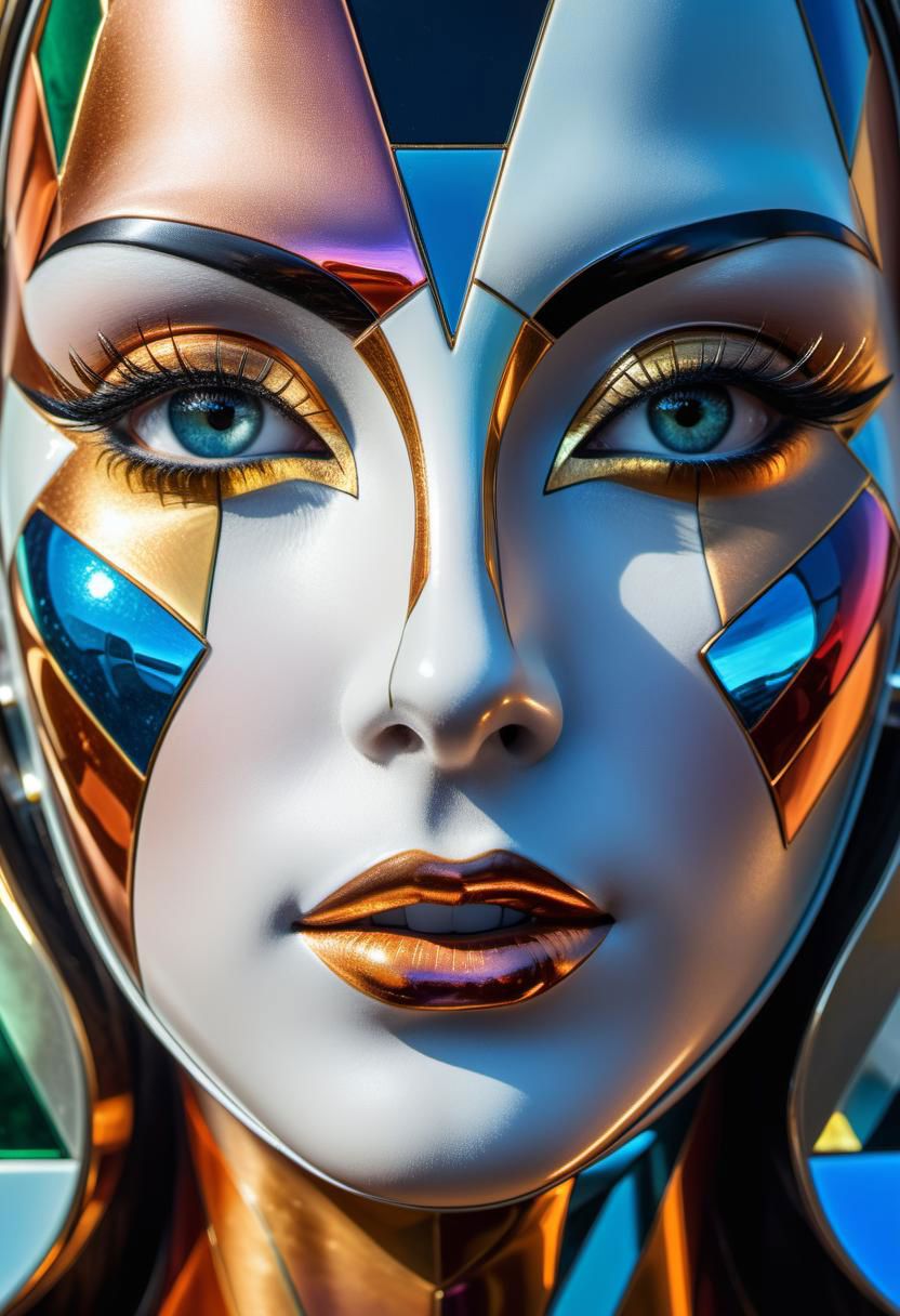 Close-up, high quality, masterpiece, 8k, hdr, rgb, portrait, raw photo, (masterpiece, best quality, detail),
"Crystal Cubism: brilliant, shimmering splendor and the mask of the female form, a portrait of extraterrestrial beauty"
a variant of Cubism with an emphasis on clearer, crystalline forms and lighter colors, filled with glittery embellishments. The artwork should have a crystalline structure, vibrant colors and polished geometry. Emphasize transparent effects, refined abstraction and aesthetic clarity. The composition should have shimmering surfaces and graceful shapes. Celebrate features of artistic sophistication, harmonious balance and light-filled geometry. Incorporate elements of visual purity, subtle abstraction, decorative elements and subtle contrasts. The work of art should embody artistic elegance, geometric precision, ornamental beauty and crystallized imagery, capturing the essence of the glamorous and brilliant Cubist style.
Greg Rutkowski, Craig Davison, Jenny Saville, Bernie Wrightson, Frank Frazetta,
