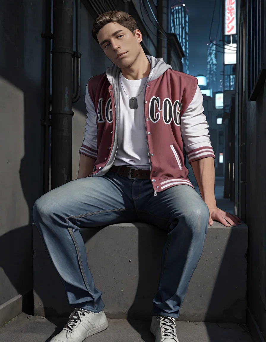 masterpiece, best quality, absurdres, newest, perfect quality, best quality, absolutely eye-catching, detailed background, intricate details, male focus, realistic, solo, <lora:Resident Evil - Samuel Jordan - Illustrious-000004:0.7>, resam, 1boy, mature male, no facial hair, short hair, brown hair, blue eyes, city, alley, night, two-tone hooded jacket, sleeves rolled up, white shirt, dog tags, belt, jeans, white shoesâââ, sitting, on wall, head tilt