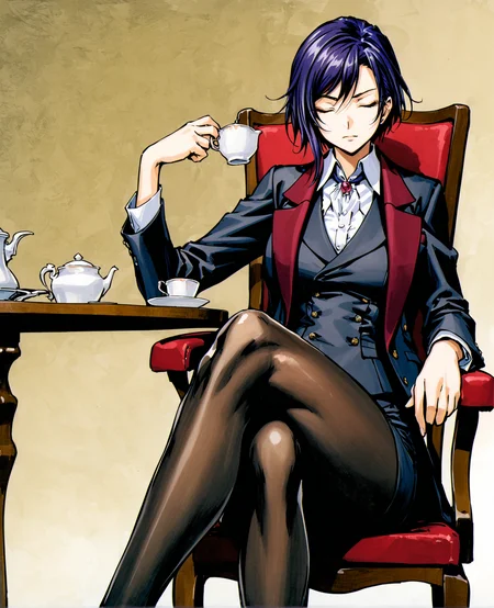 masterpiece, best quality, absurdres, very authentic, perfect composition, gothic, General, 1girl, solo, feet out of frame, Furuhashi Suzuna, suzuna's business suit, pencil skirt, open jacket, black pantyhose, (crossed legs:1.6), sitting, on chair, closed eyes, (single hand holding teacup:1.1), holding teacup with thumb, table, tea set on table, expressionless, traditional media, <lora:suzuna-anxl31-000084:0.3>, <lora:Ayami Kojima_XL:1>, canvas \(medium\), <lora:detailed_notrigger:1.1>,