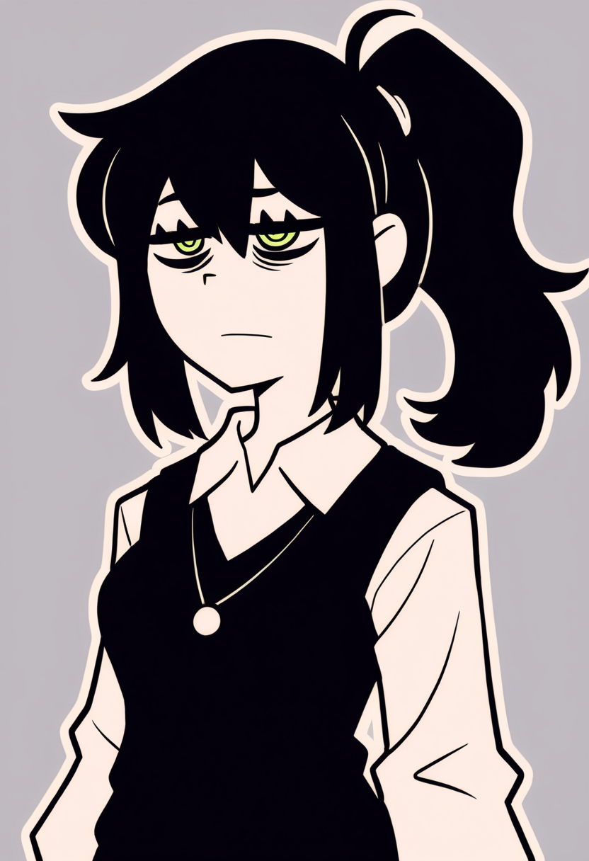 masterpiece, best quality, very aesthetic, absurdres, outline, BREAK
1girl, reneegr, black hair, ponytail, sidelocks, green eyes, jitome, bags under eyes,
necklace, collared white shirt, black sweater vest,
upper body, standing, looking at viewer, solo, simple background, grey background <lora:ReneeGravesNoobXL_byKonan:1>