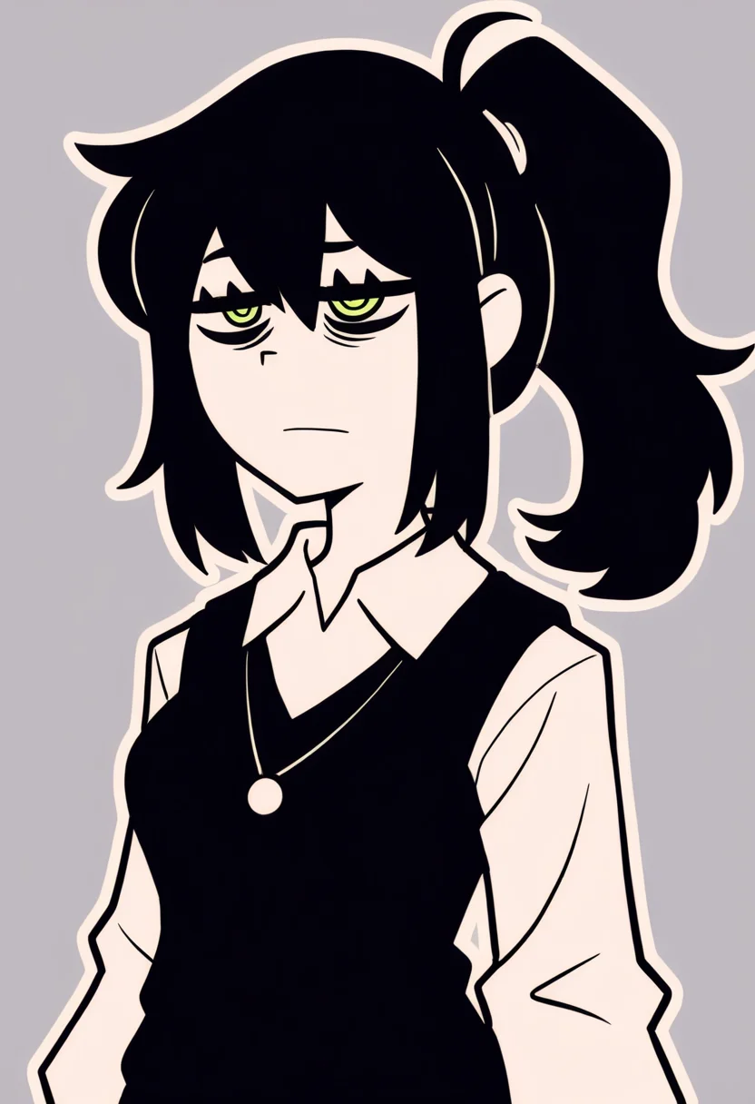 masterpiece, best quality, very aesthetic, absurdres, outline, BREAK
1girl, reneegr, black hair, ponytail, sidelocks, green eyes, jitome, bags under eyes,
necklace, collared white shirt, black sweater vest,
upper body, standing, looking at viewer, solo, simple background, grey background <lora:ReneeGravesNoobXL_byKonan:1>