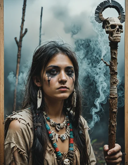 [realistic lighting],[photo],[photorealistic], woman, young, 18 yo, black mage, mage staff, skulls, smoke, native american, dark makeup, <lora:EldritchCandids1.1.2:0.4> <lora:real_dream_pony_realistic_lora_3:0.4> <lora:MJ52:0.3> <lora:FF.101.juggernautXL_version6Rundiffusion.LORA:0.4> <lora:JuggerCineXL2:0.3>