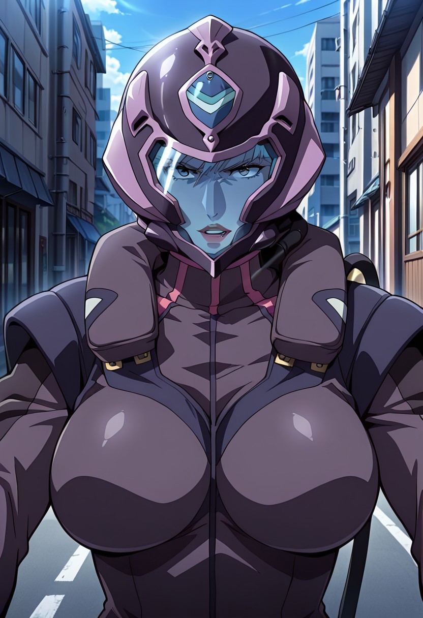 ((masterpiece, absurdres)), best quality, amazing quality, newest, 4k, anime coloring, very aesthetic, ray tracing, Smooth Quality, CG, nora polyansky, 1 mature female, blue color lens pilot helmet, , pilotsuit,upper body,city view, street view,mad expression
