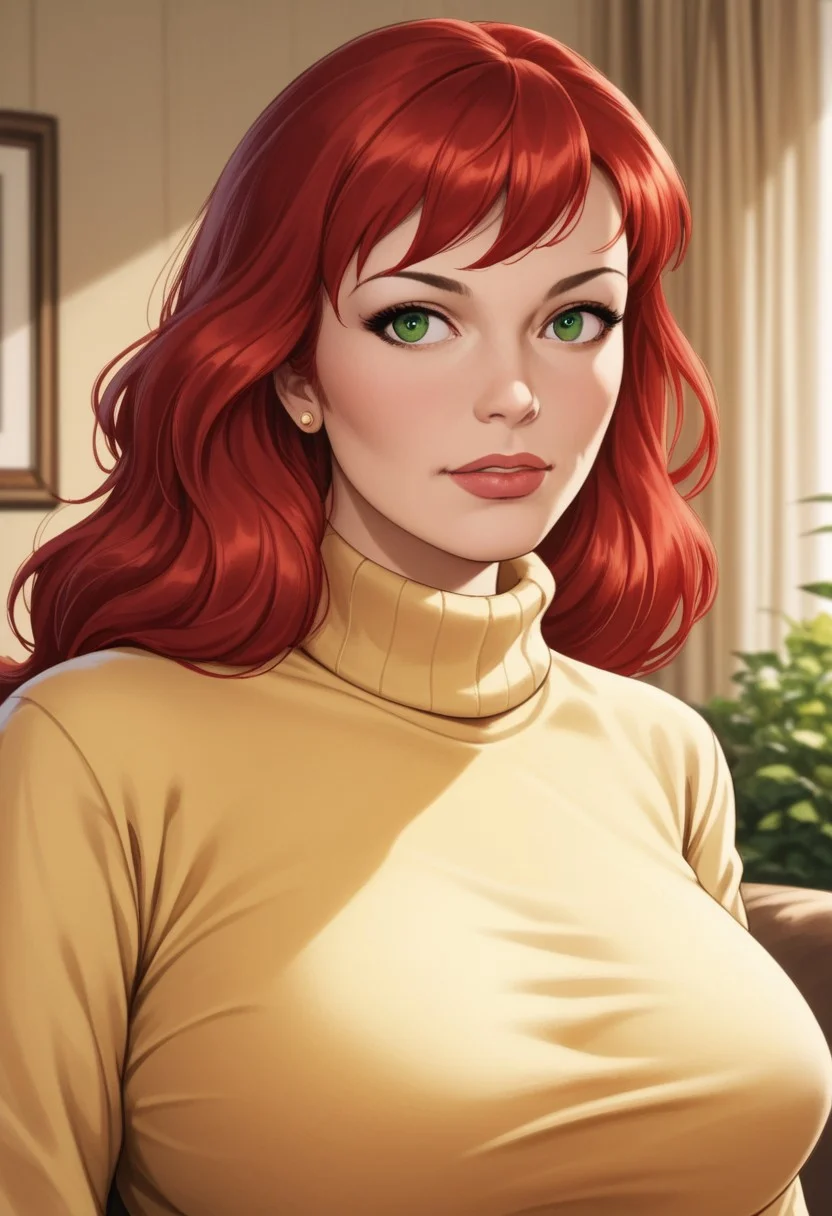 core_9, score_8_up, score_7_up, score_6_up,masterpiece, best quality, 1girl, MJ, red hair, green eyes,yellow sweater turtleneck, ,zPDXL3, zPDXLxxx, <lora:easynegative:1> solo, large breasts, portrait, living room background,