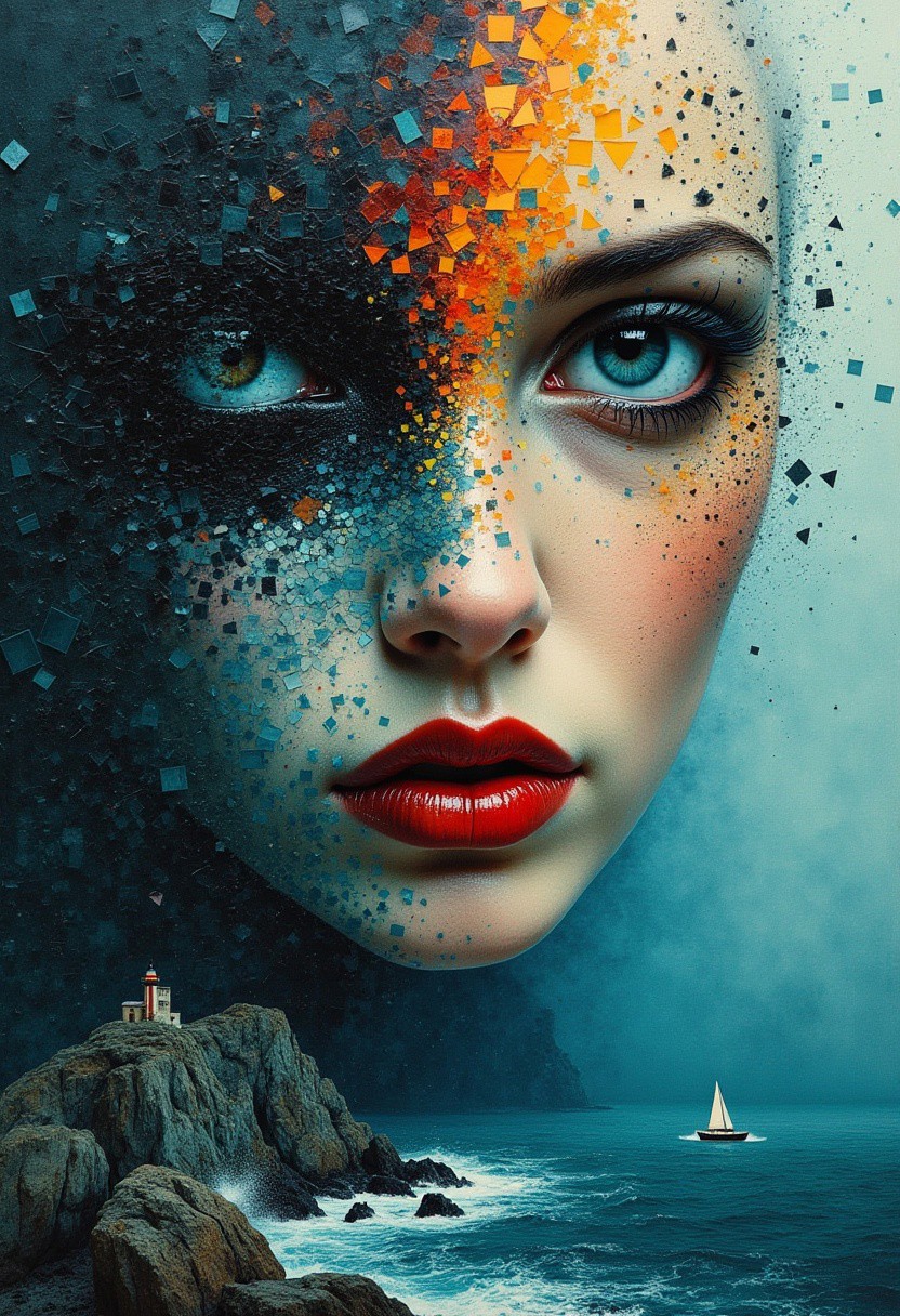 Create an abstract, strange, and mysterious image of a craggy coastline with waves and ships and lighthouse. The image should be mosaic shattered into two contrasting halves, each telling a different part of her enigmatic story. low angle, detailed eyes, detailed lips, gray teal and black accents, colored glass shards, poster, impressionist, dynamic, sultry lips, seductive expression. One half should be colorful and glassy, filled with intricate, detailed patterns that evoke a sense of mystery and depth. The other half should be lighter, with surreal, artistic elements that hint at her hidden secrets and inner world.