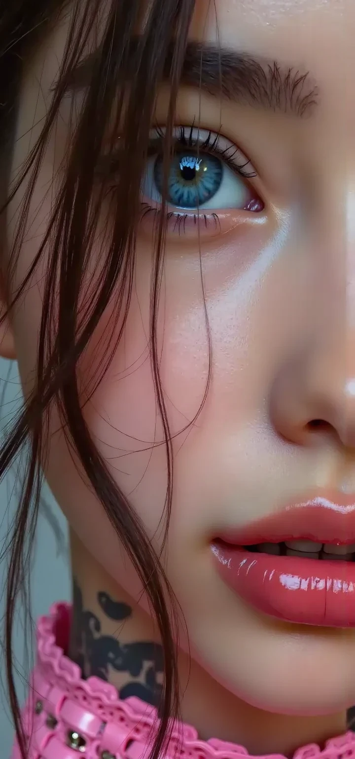 "Lashes: blue individual synthetic fibers (crosshatched roots:1 . 2 , clump-free separation)" Technical Specs: (Optics: - "Zeiss Otus85mm f/1 . 4 lens" - "Shutter Speed:1/500 , hair80%" - "Denoise: luminance20 , color35 , uncanny valley asymmetry , plastic-like wetness") ((beautiful western model:1.8)),(photorealism: 1.4),( hot girl brown skin),(complex and realistic skin texture:1.4), {{"[dynamic pose,full body view, 18yo, skinny, very tiny Honeycomb latex mesh pink white latex harness choker intricated ,complex thin laces stomach harness, tied up,arms tattoo,((micro skirt)), garters,flat chest,angelic cute face,white teeth, perfect beauty, long eyelashes,