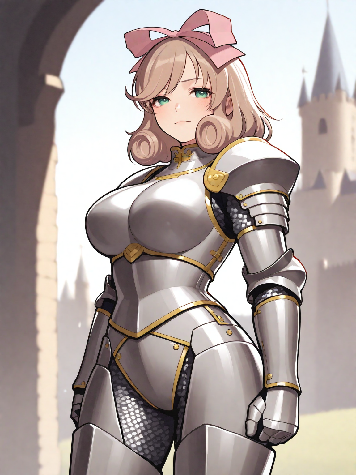 masterpiece, best quality, good quality, masterpiece, best quality, very aesthetic, (tsuvida:0.5)
(solo:1.4), Haruka_IL, light brown hair, short hair, drill hair, hair ribbon, green eyes, large breasts, BREAK, knight armor, metal armor, Gorget, Pauldrons, Breastplate, Vambraces, Cuisses, Greaves, Chainmail, Plackart, 
epic pose, castle
<lora:Haruka_IL:1>
<lora:ponyv5_noobE11_1_adamW:0.7>
<lora:ai_styles_collection_noob_vpred-0.6_v3:0.5>