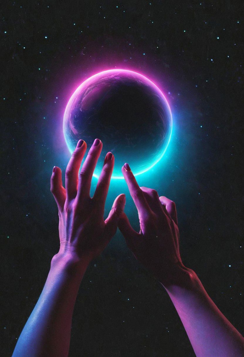 Create a vintage 80s sci-fi spectral neon gradient scene in featuring two hands entering from top side of the vibrant universe, catching a falling planet between their palms. The background should depict a black universe with subtle neon lights reminiscent of Boris Vallejo's techno-goa style album cover art. Perfect Hands