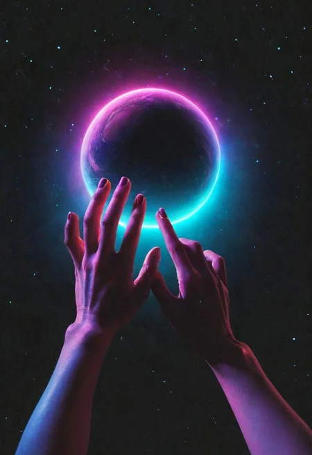 Create a vintage 80s sci-fi spectral neon gradient scene in featuring two hands entering from top side of the vibrant universe, catching a falling planet between their palms. The background should depict a black universe with subtle neon lights reminiscent of Boris Vallejo's techno-goa style album cover art. Perfect Hands
