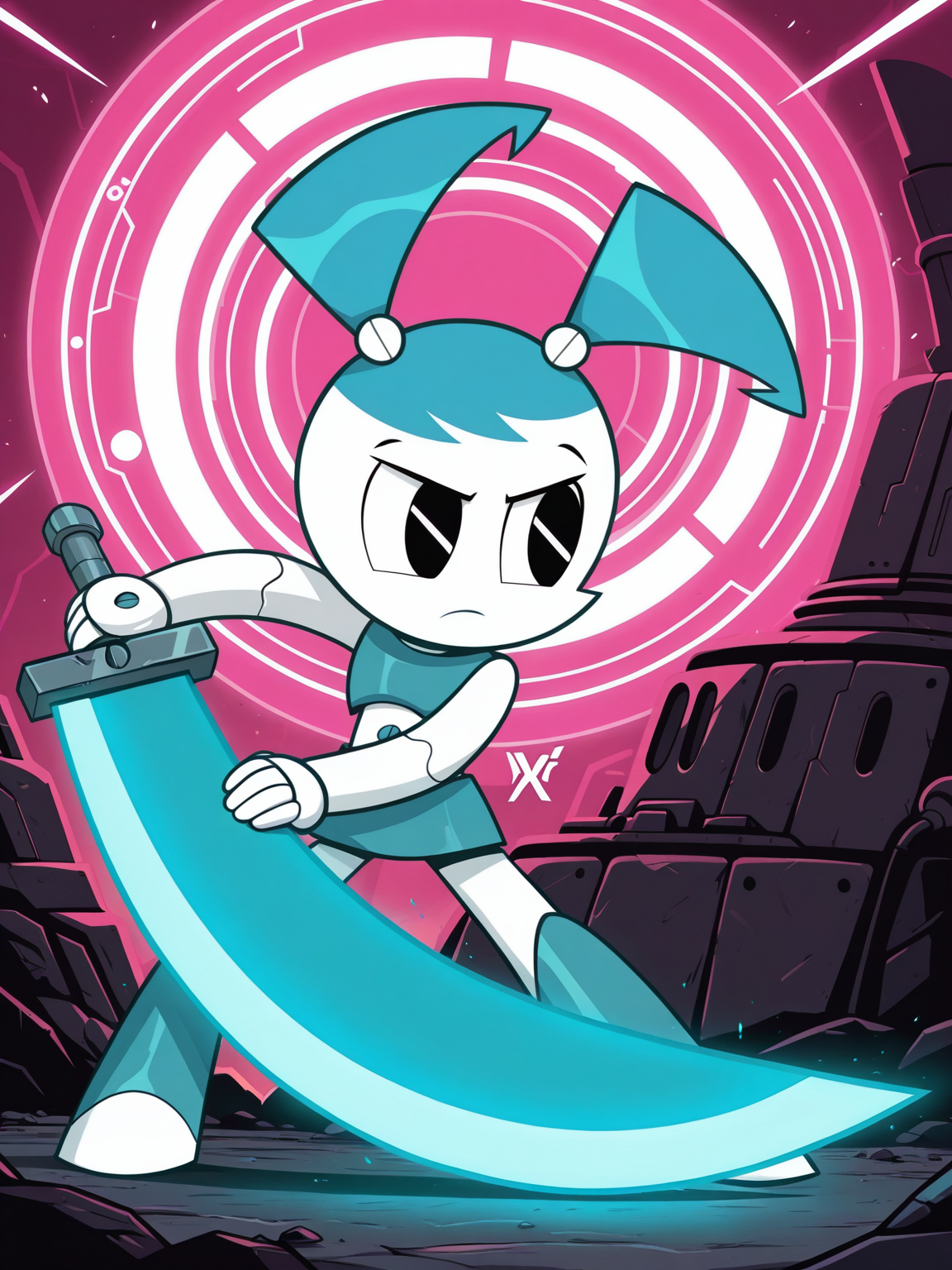 <lora:XJ-9IL:0.7> x_j_9, 1girl, robot, white skin, blue hair, twin tails hair, black eyes, no nose,
gigantic sword, steel armor,glowing liens, action, full body, glowing background
