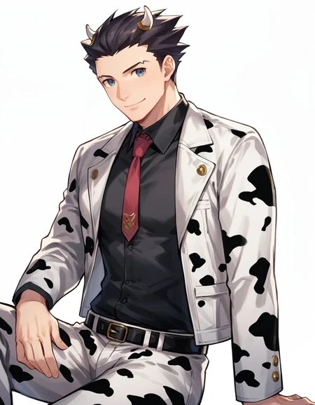 score_9, score_8_up, score_7_up, source_anime, <lora:Phoenix_Wright__Pony:1>, phoenix wright, 1boy, animal print, belt, black shirt, (cow print suit:1.3), feet out of frame, hand on own knee, invisible chair, jacket, knee up, male focus, necktie, print necktie, shirt, sitting, solo, white background, pants, looking at viewer, smile