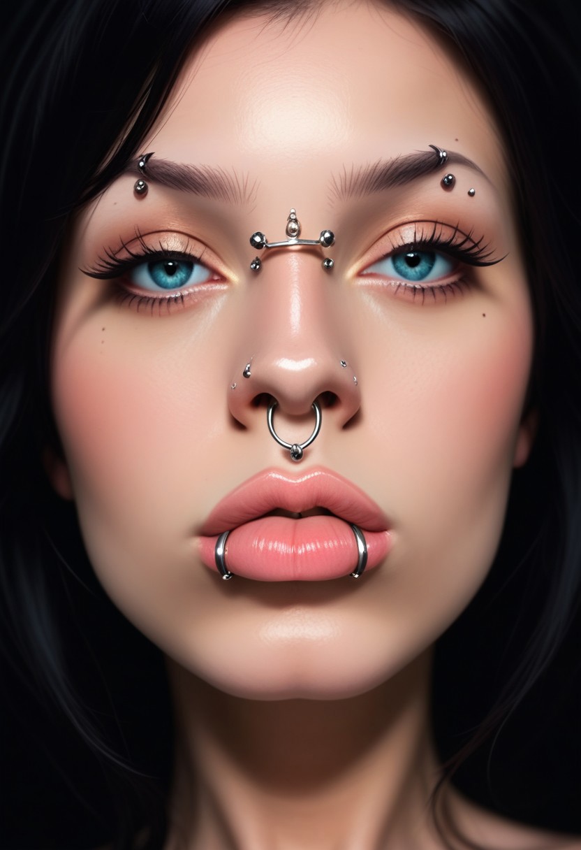 score_9, score_8_up, score_7_up, rating_safe, concept art, realistic, dark theme, low light.
1girl, solo, ExtrFacePiercing.
(Lips Ring:1.8).