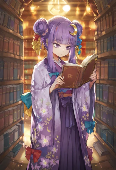 volumetric lighting, ambient occlusion, luminescent background, masterpiece, very awa,library,indoors, a girl reading, beam of light, light through window,depth of field
BREAK
patchouli knowledge, 1girl, solo, purple eyes, purple hair, long hair, sidelocks,, patchouli knowledge \(great library at the hieda residence\), alternate costume, no headwear, hair bun, double bun, hair ornament, blue bow, yellow bow, red bow, aqua bow, crescent hair ornament, purple kimono, floral print, long sleeves, wide sleeves, yellow obiage, purple obi, hakama skirt,holding book,