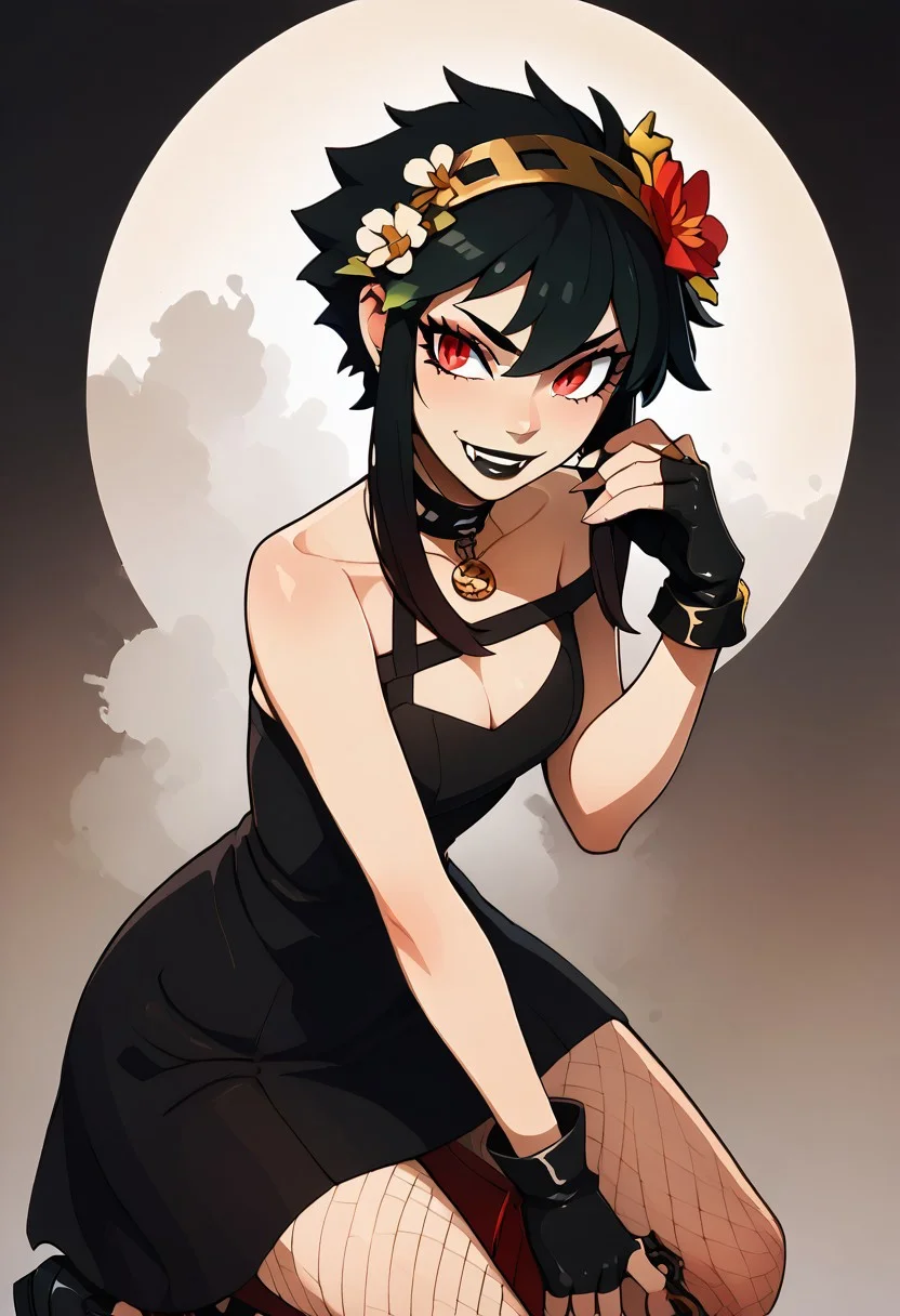 score_9, score_8_up, score_7_up, pretty girl, vivid bright colors, highly sexual poses, pinup art, solo,
vmpr, fangs, bat wings,
black lips, goth, fishnet, bare shoulders, leaning forward, cleavage, choker, full lips, BREAK, YorForger,1girl,black hair, red eyes, short hair with long locks, gold hairband, hair flower, black choker, black dress, sleeveless, off shoulder, floral print, fingerless gloves, black footwear, thigh holding dagger, BREAK, smile, looking at viewer, abstract background, thorns, dark theme, white outline, upper body, embedding:zPDXL, Expressiveh