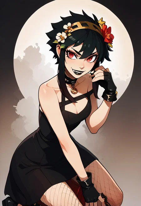 score_9, score_8_up, score_7_up, pretty girl, vivid bright colors, highly sexual poses, pinup art, solo,
vmpr, fangs, bat wings,
black lips, goth, fishnet, bare shoulders, leaning forward, cleavage, choker, full lips, BREAK, YorForger,1girl,black hair, red eyes, short hair with long locks, gold hairband, hair flower, black choker, black dress, sleeveless, off shoulder, floral print, fingerless gloves, black footwear, thigh holding dagger, BREAK, smile, looking at viewer, abstract background, thorns, dark theme, white outline, upper body, embedding:zPDXL, Expressiveh
