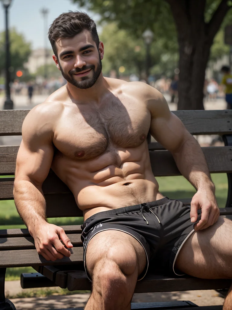 shirtless dark hair hairy male, sitting, legs apart, on park bench, shorts, looking at viewer, smirk, depth of field, intricate details, High definition, highly detailed face, depth of field, intricate, 8k, sharp focus