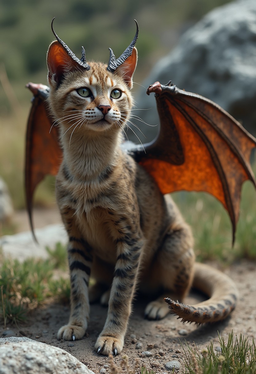 A professional photograph of a A hyper-realistic image of a cat-dragon hybrid. The creature has the body and fur of a cat, but with more subtle dragon features such as leathery wings folded against its back and a long, scaled tail. The cat’s face is mostly feline, with sharp, intense eyes, but small dragon-like horns protrude from its head. Its fur is sleek and shiny, blending into scales along its spine and limbs. The background is a natural outdoor setting, with rocky terrain and tall grass, making the creature appear as though it could exist in the real world