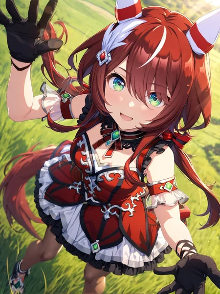 masterpiece, best quality, absurdres,
win variation \(umamusume\), 1girl, black gloves, horse ears,brown pantyhose, horse tail, full body, feather hair ornament, two-tone ear covers, sleeveless red dress, black frilled white skirt, detached red sleeves, red hair ribbon, low back red ribbon, backless outfit, looking at viewer,
cowboy shot,light rays,lens flare,light particles,beautiful detailed eyes,dynamic pose,dynamic angle,outdoor, grassland,motion blur,
open mouth, big smile,
 <lora:SDXL_win_variation_v1.01:0.85> <lora:flat_sdxl:-0.8>