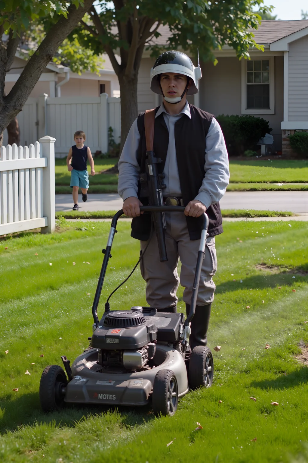 A hyper-realistic close-up of a Rebel Trooper attempting to mow a suburban lawn, his blaster slung awkwardly across his back as he pushes the lawnmower through the grass. His face is a picture of intense concentration, his helmet still on, as if unsure how to operate the Earth technology. The background reveals a typical suburban neighborhood with houses, white picket fences, and kids playing in the distance, completely oblivious to the bizarre scene unfolding. Realistic grass clippings fly into the air as the Trooper tries to navigate the mower in straight lines, but ends up making an erratic pattern across the yard.<lora:REBEL_TROOPER_FLUX><lora:Flux DetailerV2><lora:aidmaMJ6.1-FLUX-V0.1:0.6><lora:Movie_Portrait>