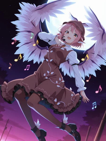 absurdres, highres, masterpiece, best quality, amazing quality, official anime artwork, screencap, anime screencap, outdoors, looking at viewer, light smile, dynamic pose, night,  <lora:Mystia-Lorelei_Illustrious:1> mystia lorelei, 1girl, solo, brown eyes, pink hair, short hair, animal ears, earrings, wings,, hat, winged hat, brown dress, puffy sleeves, juliet sleeves, brown thighhighs, black footwear, 
moon, notes, music notes, flying, star, open mouth, singing,