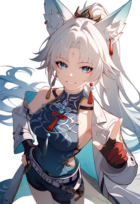 score_9_up,score_8_up,score_7_up,<lora:Expressive_H-000001:1>,<lora:HSR_FJ_v2.1_PONY-000036:1>,
HSR_FJ,1girl,solo,fox ears,blue eyes,long hair,black gloves,white hair,breasts,earrings,looking at viewer,black shorts,tassel,white belt,medium breasts,white coat,fingerless gloves,blue leotard,animal ear fluff,facial mark,high ponytail,simple background,white_background,standing,hand_on_hip,pointing_at_viewer,cowboy_shot,from_above,kind_smile