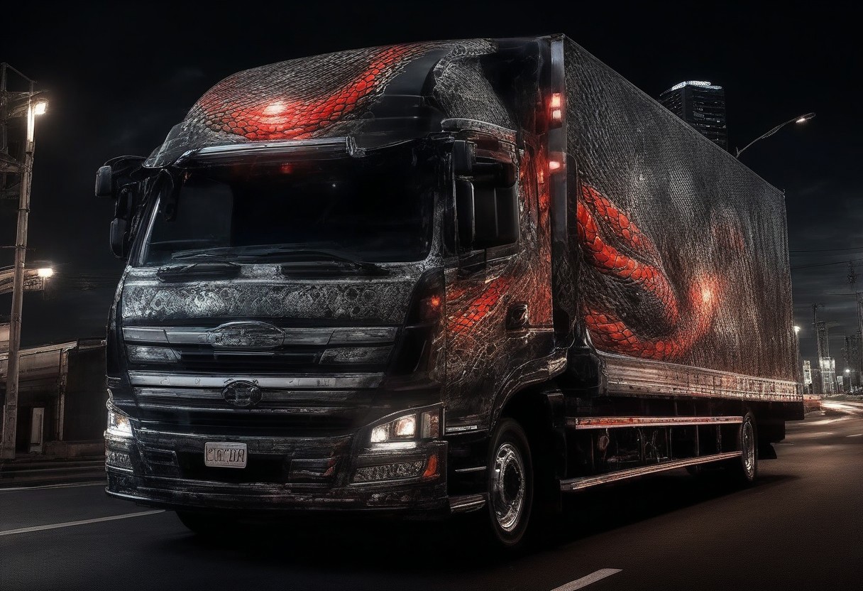 (masterpiece, best quality), highly detailed, ultra-detailed, (night), (city highway), (large truck), (truck bed side:1.3), (japanese tattoo style:1.4), (evil snake:1.5), (serpent scales), (detailed scales), (snake fangs), (glowing red eyes), (menacing), (dark color scheme), (headlights on), (streetlights:1.2), (motion blur:0.8), (high speed), (asphalt road), (reflections), (night atmosphere),Japanese truck