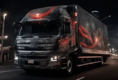 (masterpiece, best quality), highly detailed, ultra-detailed, (night), (city highway), (large truck), (truck bed side:1.3), (japanese tattoo style:1.4), (evil snake:1.5), (serpent scales), (detailed scales), (snake fangs), (glowing red eyes), (menacing), (dark color scheme), (headlights on), (streetlights:1.2), (motion blur:0.8), (high speed), (asphalt road), (reflections), (night atmosphere),Japanese truck