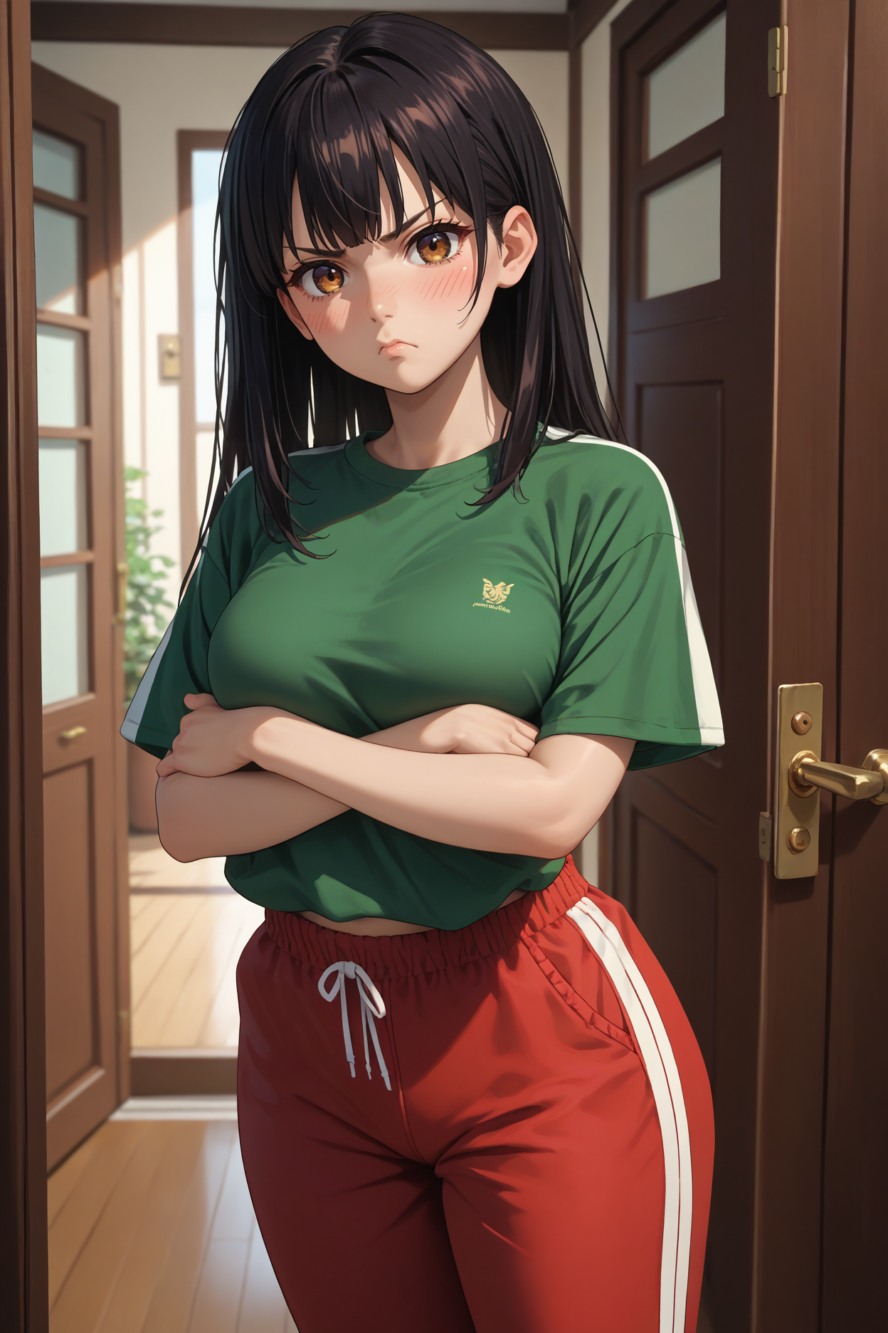 score_9, score_8_up, score_7_up, score_6_up, source_anime, 1girl, solo, <lora:himeragiyukina-pdxl-nvwls-v1-000005:1> himeragistb, black hair, long hair, brown eyes, big breasts, green t-shirt, track pants, red pants, blush, crossed arms, pout, looking at you, doorway