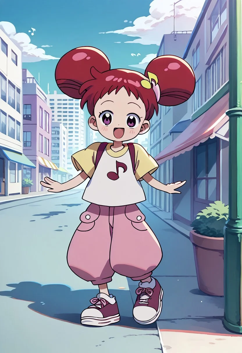 score_9, score_8_up, score_7_up BREAK Doremi1, 1girl, red hair, odango hairstyle, purple eyes, pink hair scrunchies, yellow musical note hairclip, short-sleeve white shirt, pink pants, pink white sneakers, full body, happy, city outdoors, city background,