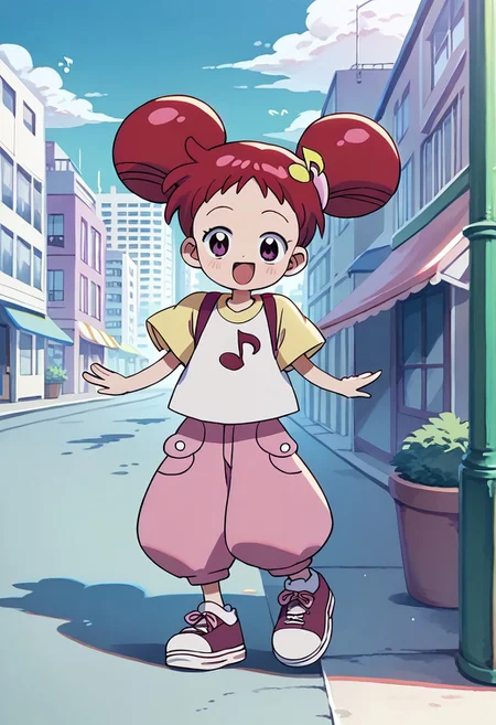 score_9, score_8_up, score_7_up BREAK Doremi1, 1girl, red hair, odango hairstyle, purple eyes, pink hair scrunchies, yellow musical note hairclip, short-sleeve white shirt, pink pants, pink white sneakers, full body, happy, city outdoors, city background,