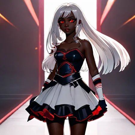 1girl, 3d, black background, cinematic lighting, dark skin, dress, fingerless gloves, gloves, hair ornament, long hair, red eyes, sandals, simple background, skirt, solo, white gloves, white hair <lora:aidma-Image Upgrader-v0.1:1> perfect hands <lora:MHXL_Scrantelly_Slimjane:1> <lora:Chiaroscuro Lighting Style v3:1>