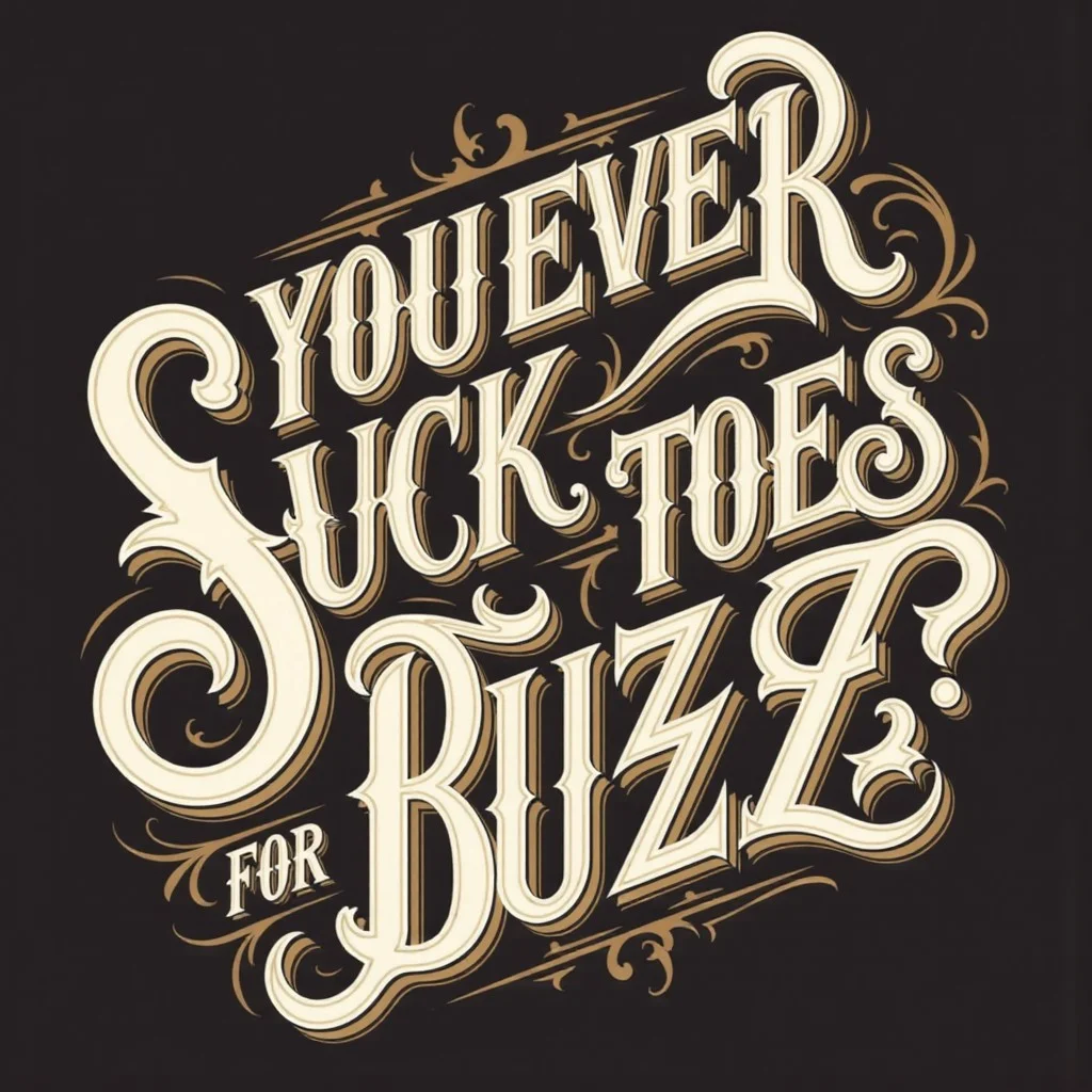lettering "YOU EVER SUCK TOES FOR BUZZ?"