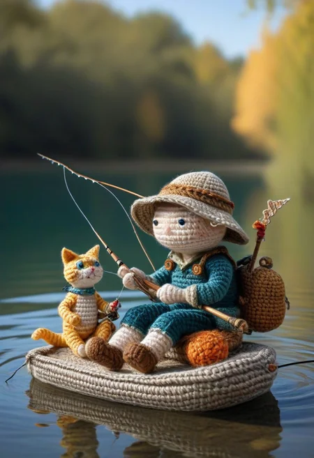 A man fishing with his cat, lake, sitting, catching a shark, by saint exupery, crocheted style