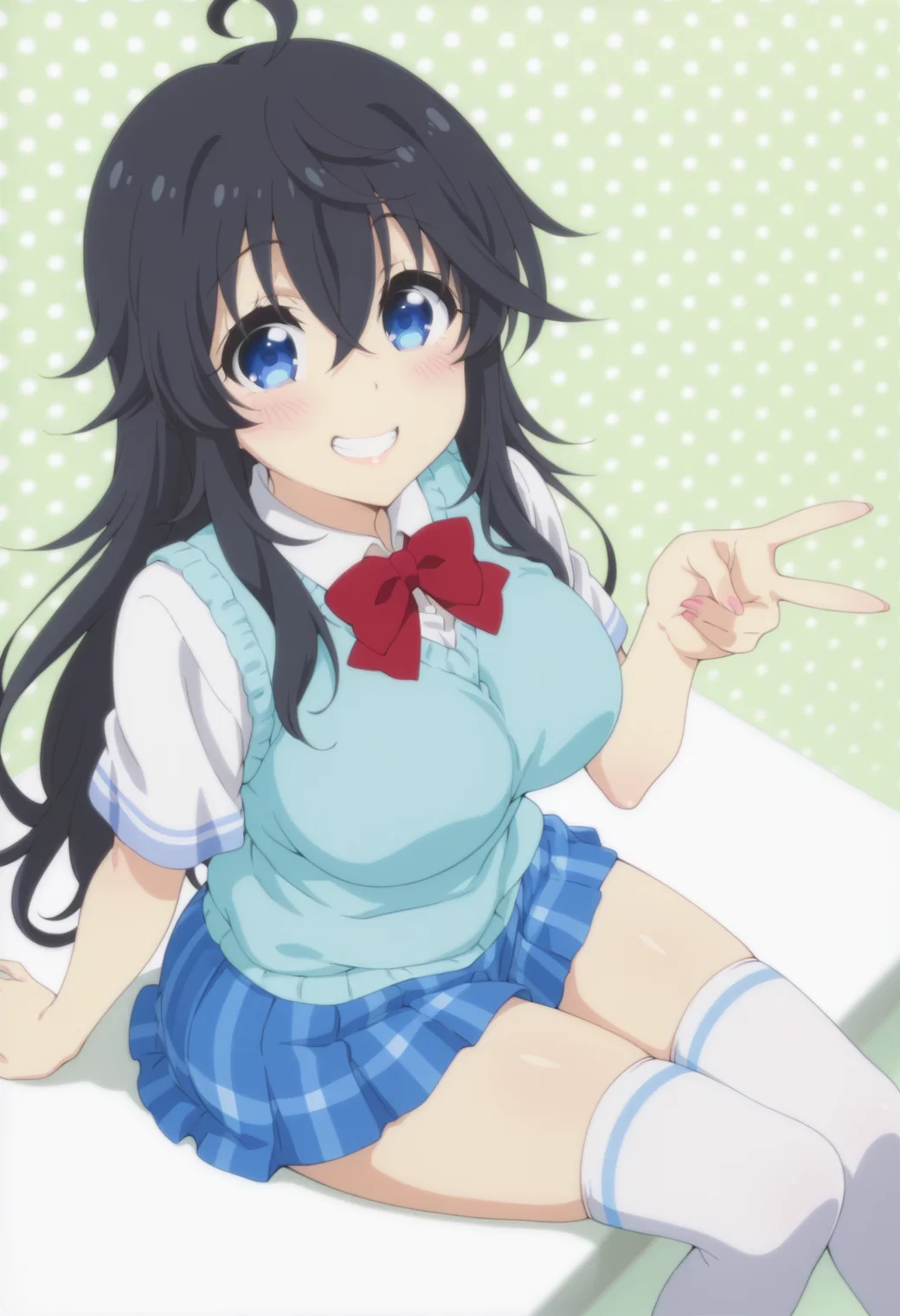 anime screencap, anime coloring,  <lora:DX888Ako:1> tamaki ako, blue eyes, black hair, very long hair, hair between eyes, ahoge, BREAK  school uniform, sweater vest, white shirt,  red bowtie, plaid skirt, blue skirt, thighhighs, BREAK simple background, green background,  polka dot background, BREAK   1girl, blush, breasts, grin, gyaru v,  looking at viewer, sitting, solo, thighs, v, arm support, (from above:1.2), (from side:0.9)