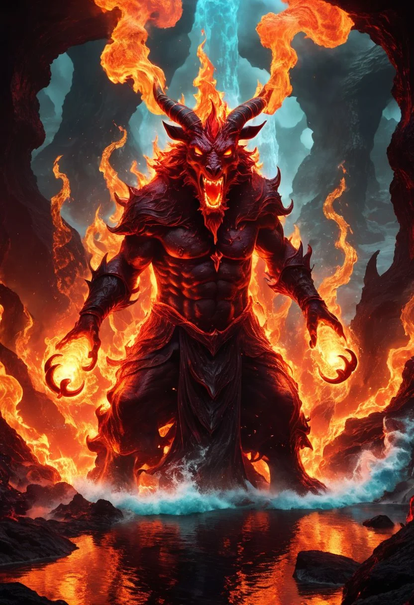 ferrous fire breathing, ghoulish, ghastly horned red elemental in a hellish fiery lava filled environment. decimating everything in rage all around it while in the foreground ((A single wizard figure is using water magic)) to manipulate water to extinguish fires and battle the beast.
