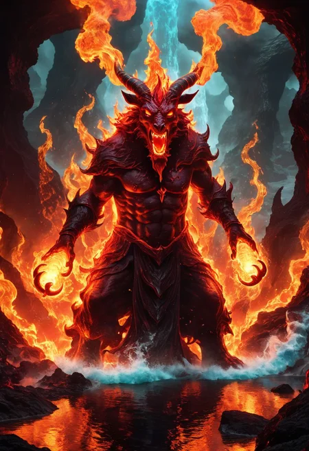 ferrous fire breathing, ghoulish, ghastly horned red elemental in a hellish fiery lava filled environment. decimating everything in rage all around it while in the foreground ((A single wizard figure is using water magic)) to manipulate water to extinguish fires and battle the beast.